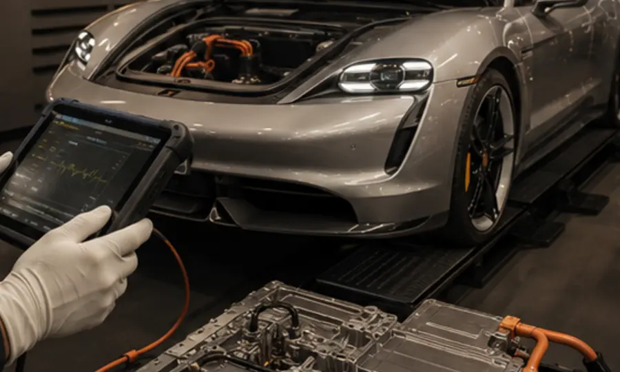 Elektrische Porsche tijdens hoogvolt-diagnose