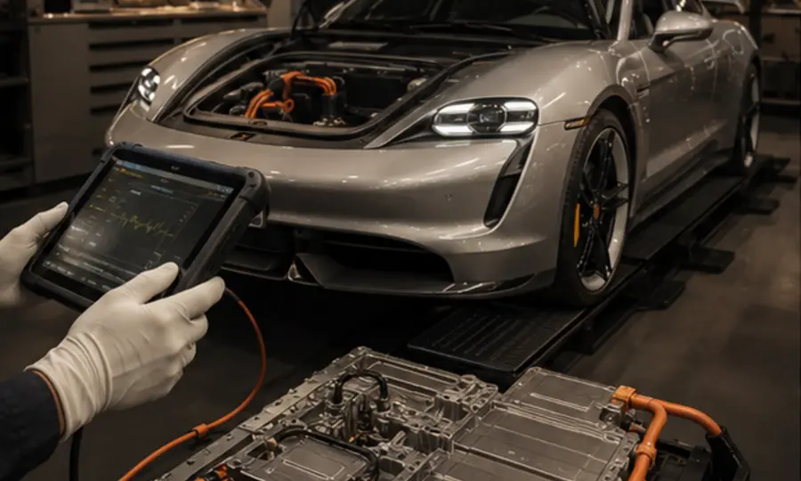 Diagnose van een elektrische Porsche in een specialistische werkplaats