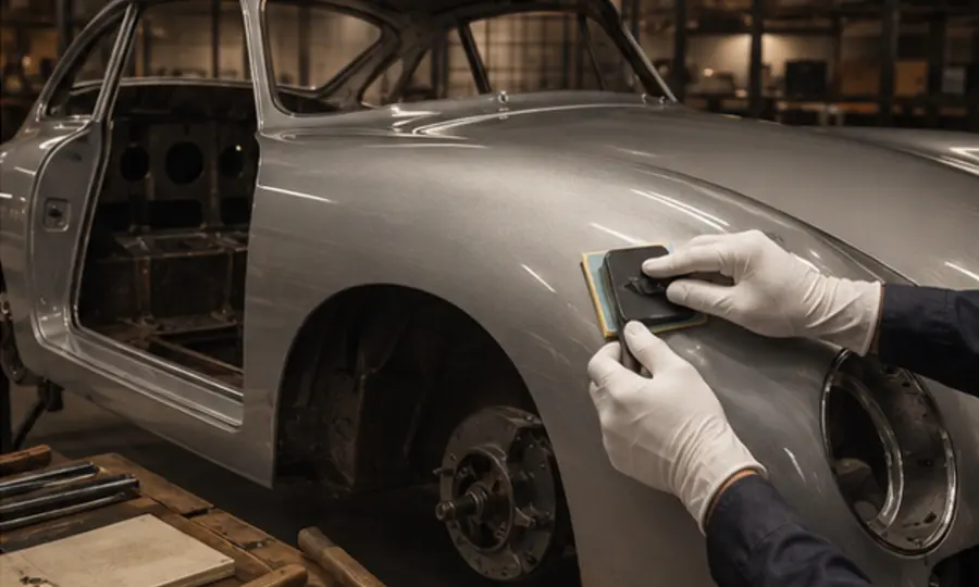 Klassieke Porsche tijdens een hoogwaardige restauratie