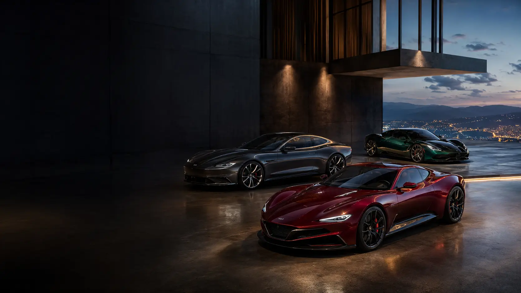 Drie merkloze sportwagens in een moderne Europese showroom
